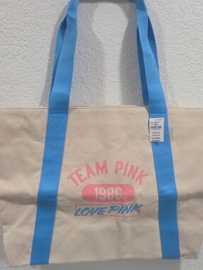 PINK Victoria's Secret Beige Canvas Tote with Blue Straps and Pink Logo